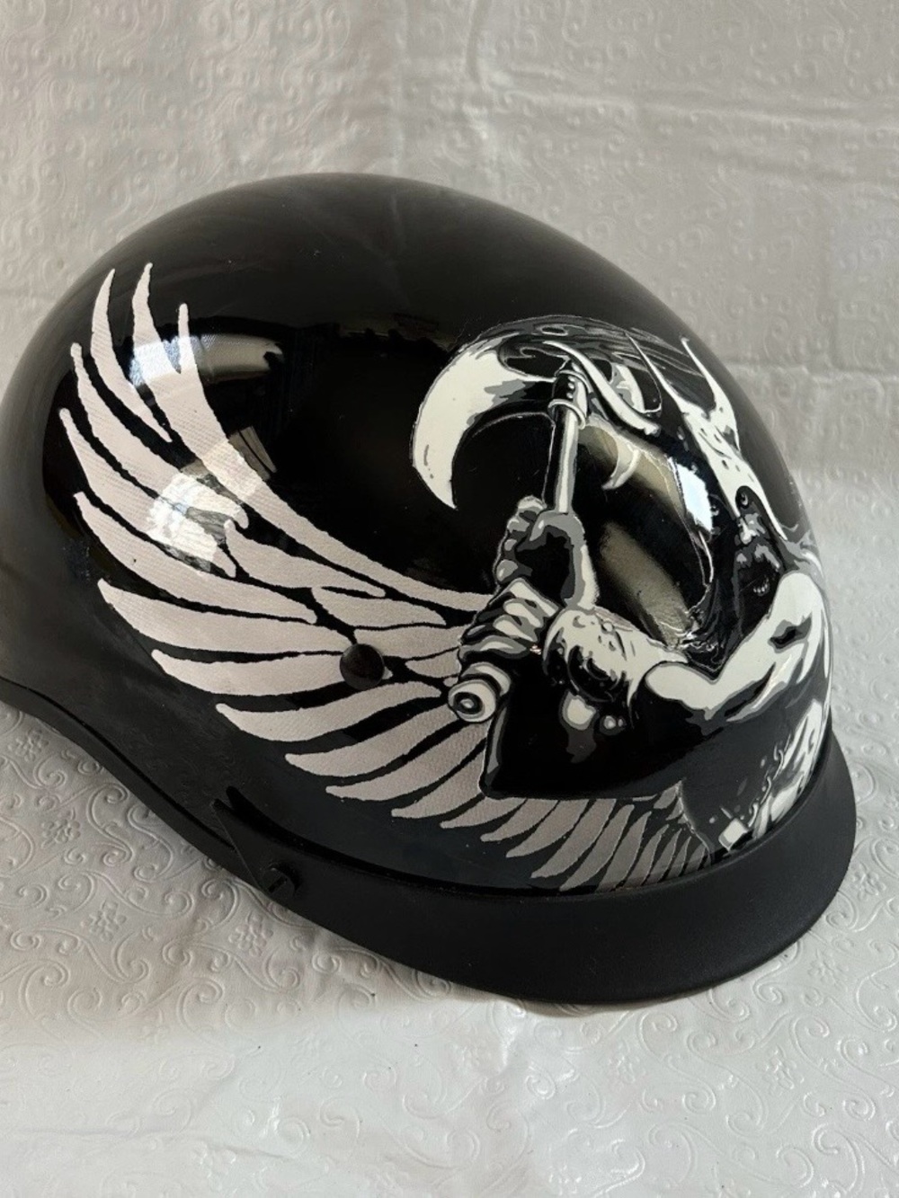 Black Motorcycle Half Helmet with White Grim Reaper Wing Graphic